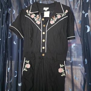 Unique Vintage Black & Embroidered Floral Short Sleeve Jumpsuit
